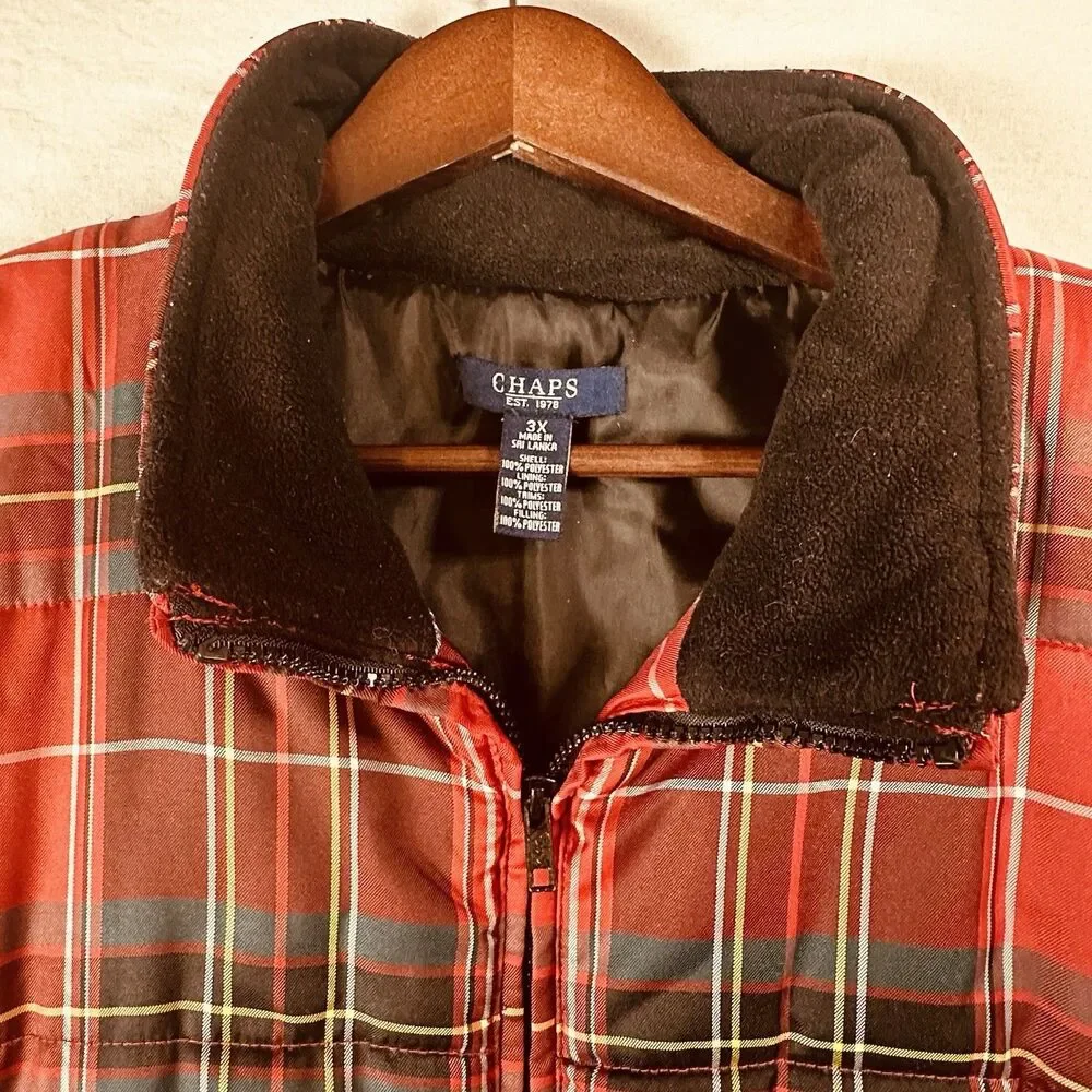 Chaps Ralph Lauren Men’s 3XL Zip Up Vest Red Plaid Pockets Festive Holiday Look